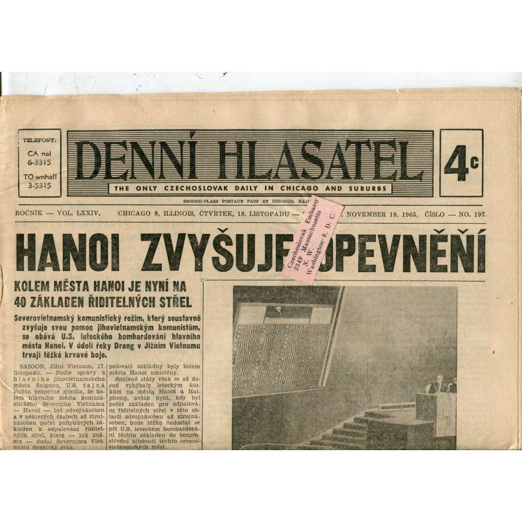 Denní hlasatel, ročník LXXIV, číslo 197/1965 (noviny, exil, Chicago)