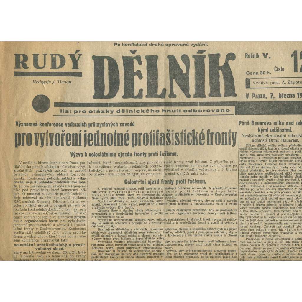 Rudý dělník, ročník V., číslo 12/1934. List pro otázky dělnického hnutí odborového (odbory, 1. republika, staré noviny)