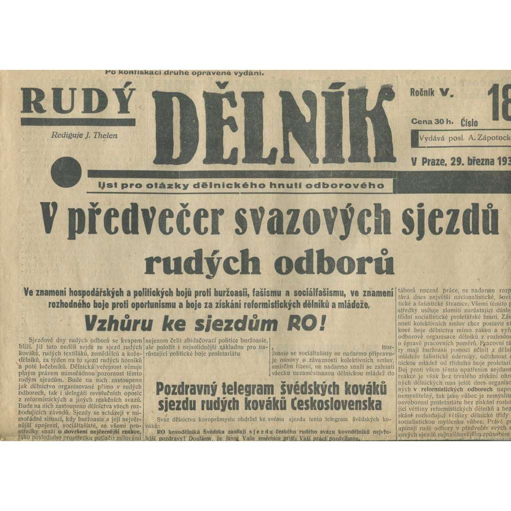 Rudý dělník, ročník V., číslo 18/1934. List pro otázky dělnického hnutí odborového (odbory, 1. republika, staré noviny)