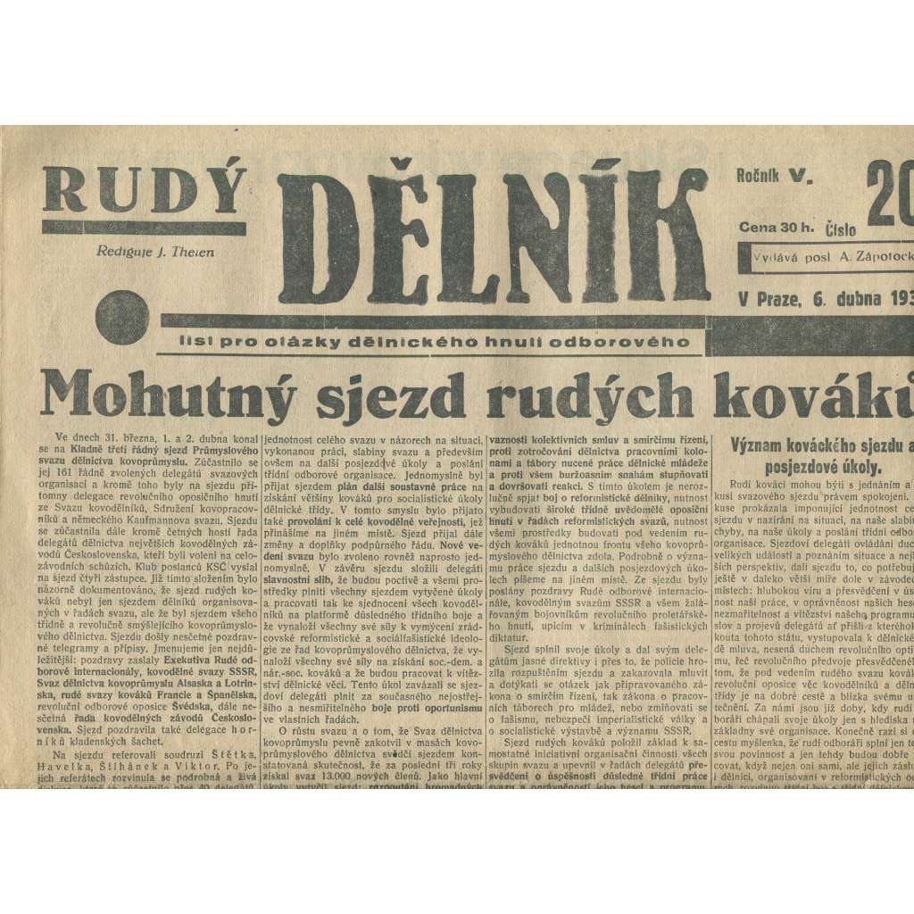 Rudý dělník, ročník V., číslo 20/1934. List pro otázky dělnického hnutí odborového (odbory, 1. republika, staré noviny)