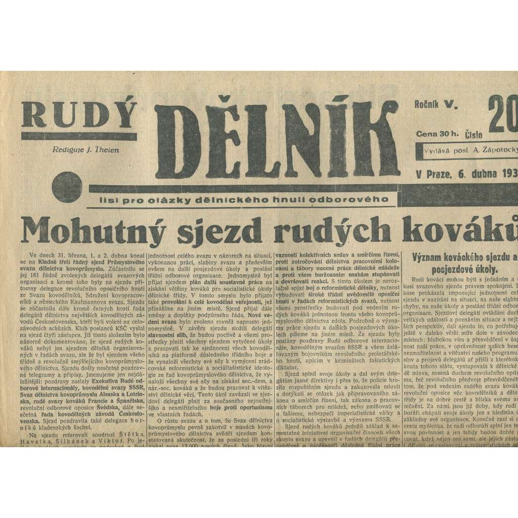 Rudý dělník, ročník V., číslo 20/1934. List pro otázky dělnického hnutí odborového (odbory, 1. republika, staré noviny)