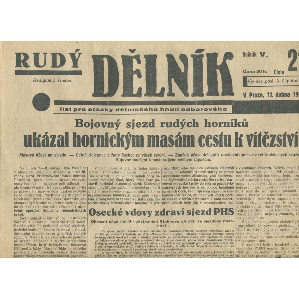 Rudý dělník, ročník V., číslo 21/1934. List pro otázky dělnického hnutí odborového (odbory, 1. republika, staré noviny)
