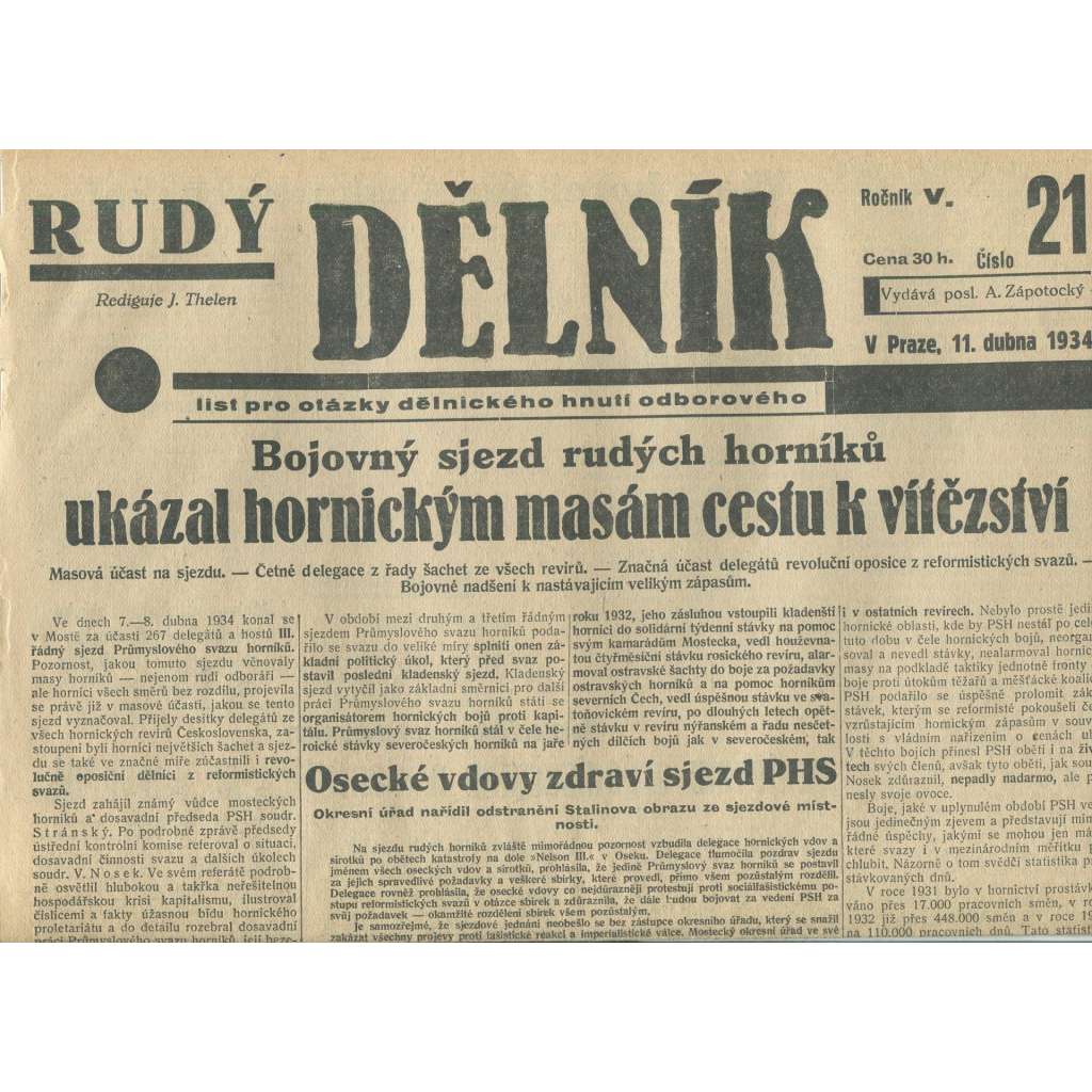 Rudý dělník, ročník V., číslo 21/1934. List pro otázky dělnického hnutí odborového (odbory, 1. republika, staré noviny)