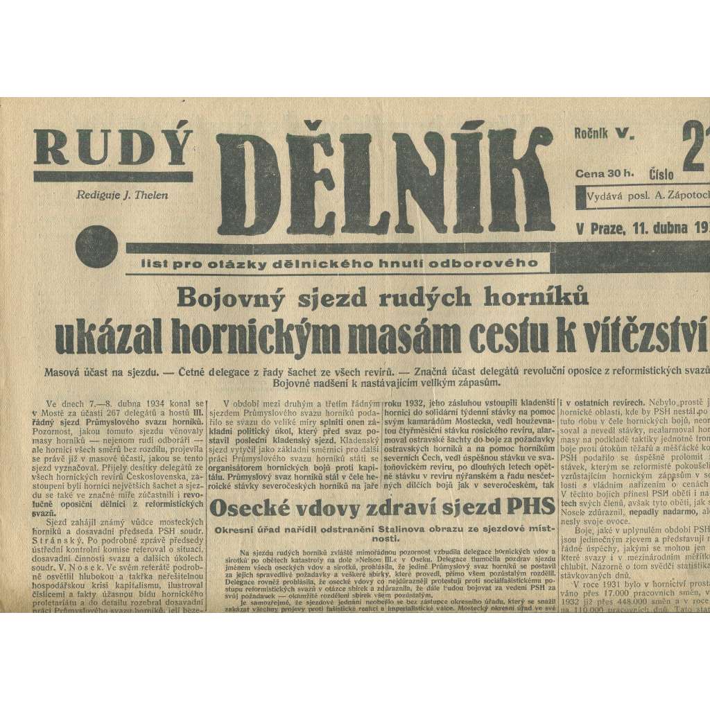 Rudý dělník, ročník V., číslo 21/1934. List pro otázky dělnického hnutí odborového (odbory, 1. republika, staré noviny)