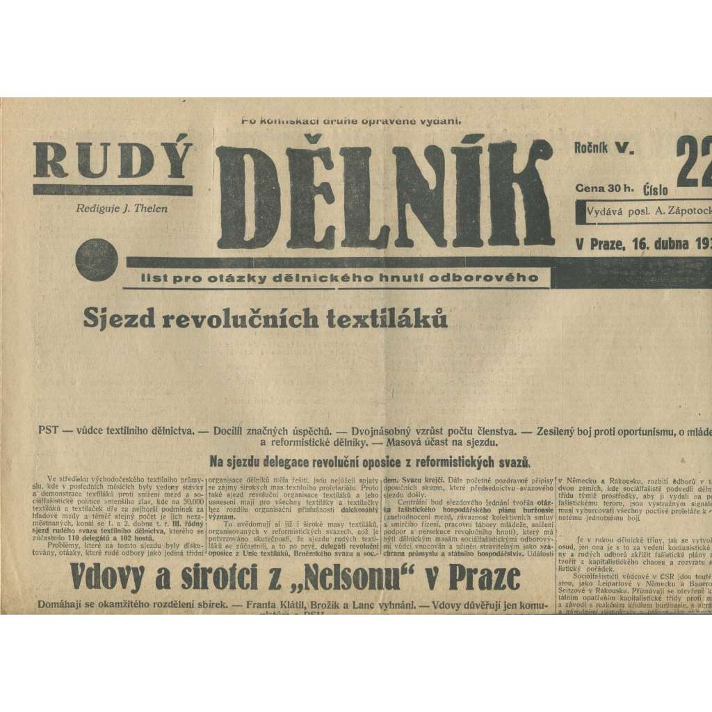 Rudý dělník, ročník V., číslo 22/1934. List pro otázky dělnického hnutí odborového (odbory, 1. republika, staré noviny)