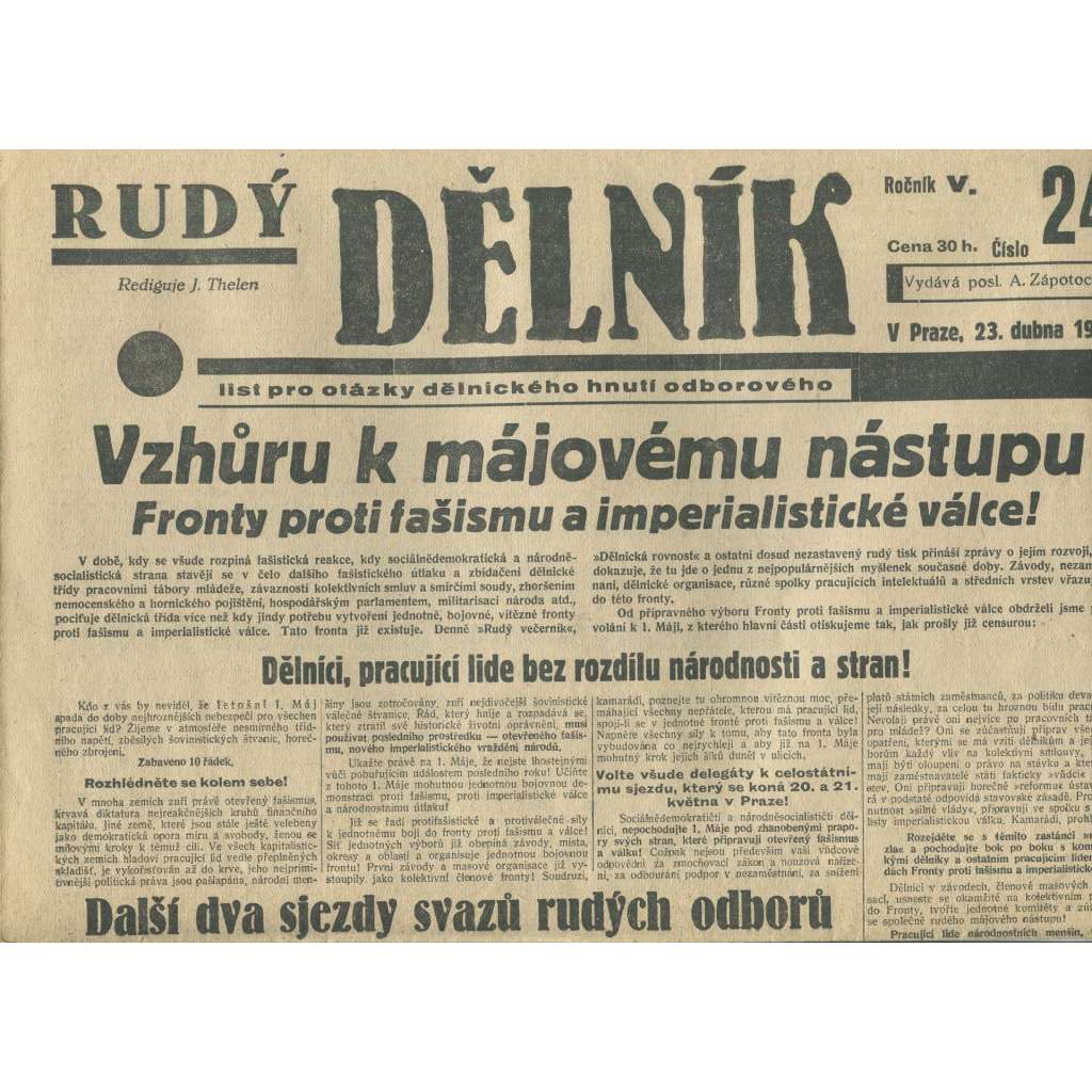 Rudý dělník, ročník V., číslo 24/1934. List pro otázky dělnického hnutí odborového (odbory, 1. republika, staré noviny)