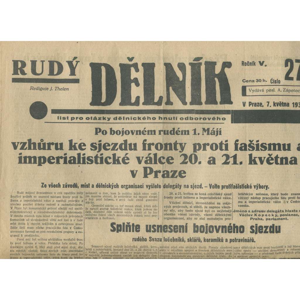 Rudý dělník, ročník V., číslo 27/1934. List pro otázky dělnického hnutí odborového (odbory, 1. republika, staré noviny)