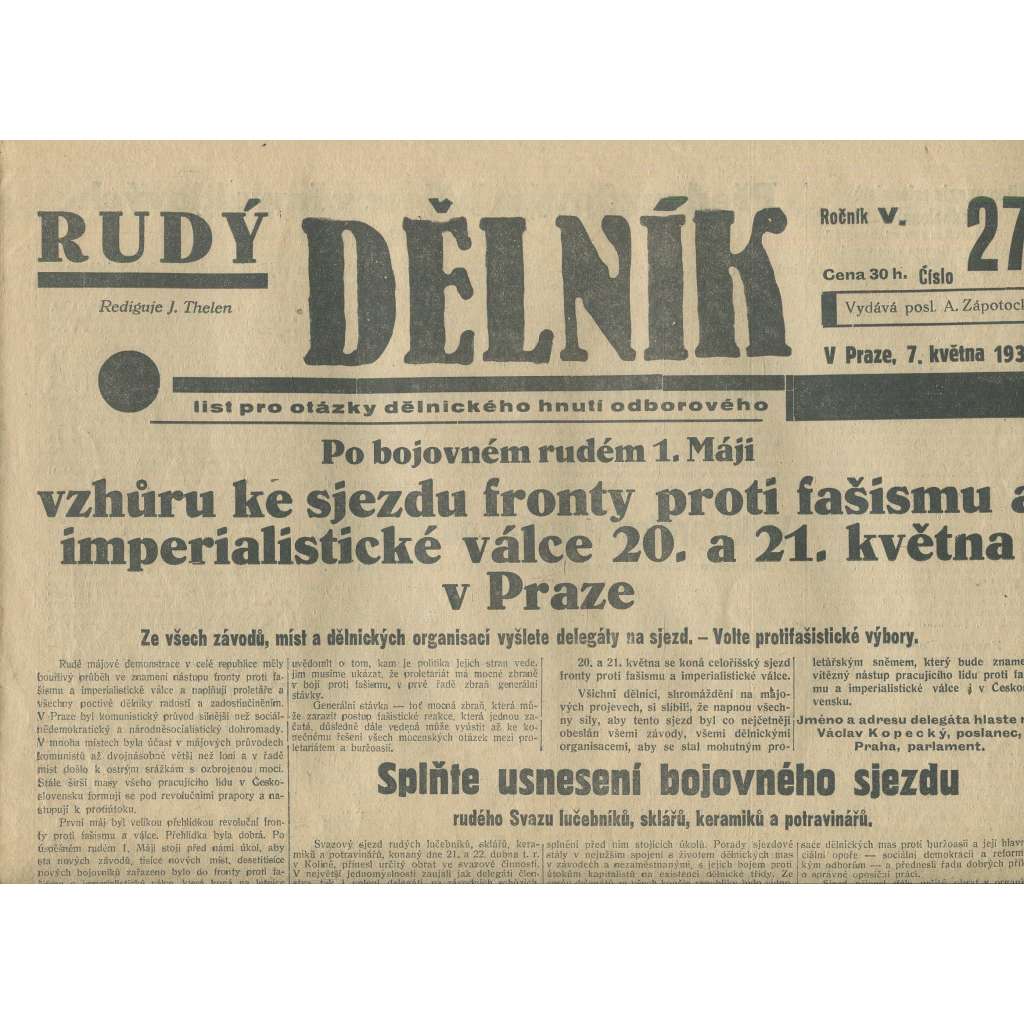 Rudý dělník, ročník V., číslo 27/1934. List pro otázky dělnického hnutí odborového (odbory, 1. republika, staré noviny)