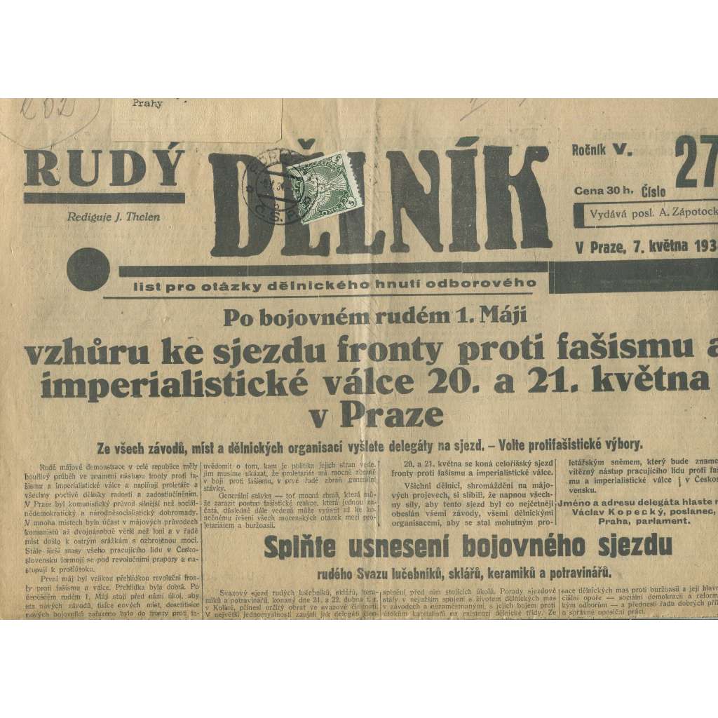 Rudý dělník, ročník V., číslo 27/1934. List pro otázky dělnického hnutí odborového (odbory, 1. republika, staré noviny)