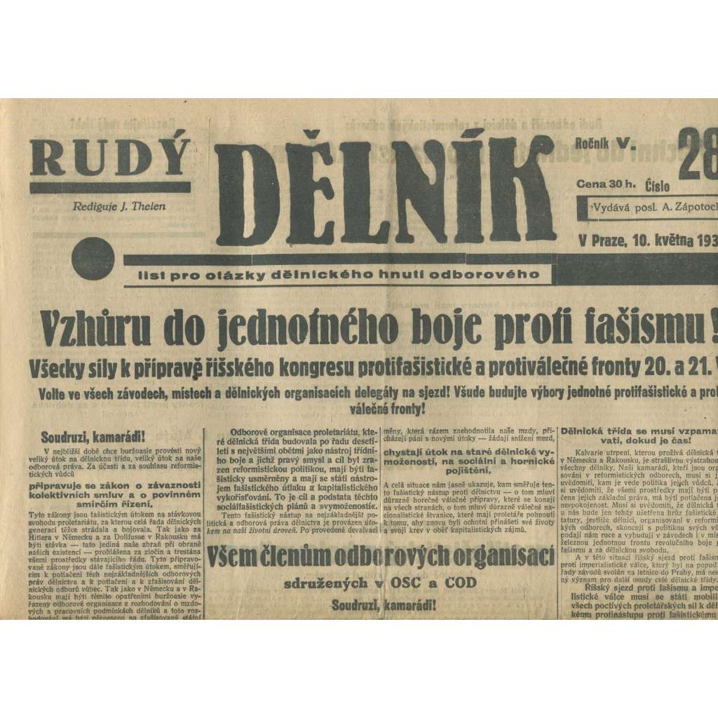 Rudý dělník, ročník V., číslo 28/1934. List pro otázky dělnického hnutí odborového (odbory, 1. republika, staré noviny)