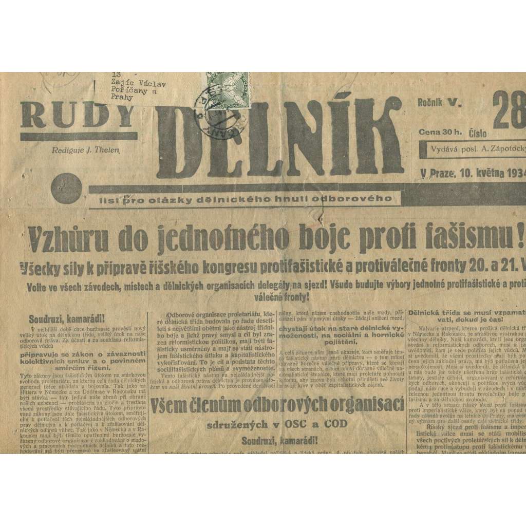Rudý dělník, ročník V., číslo 28/1934. List pro otázky dělnického hnutí odborového (odbory, 1. republika, staré noviny)