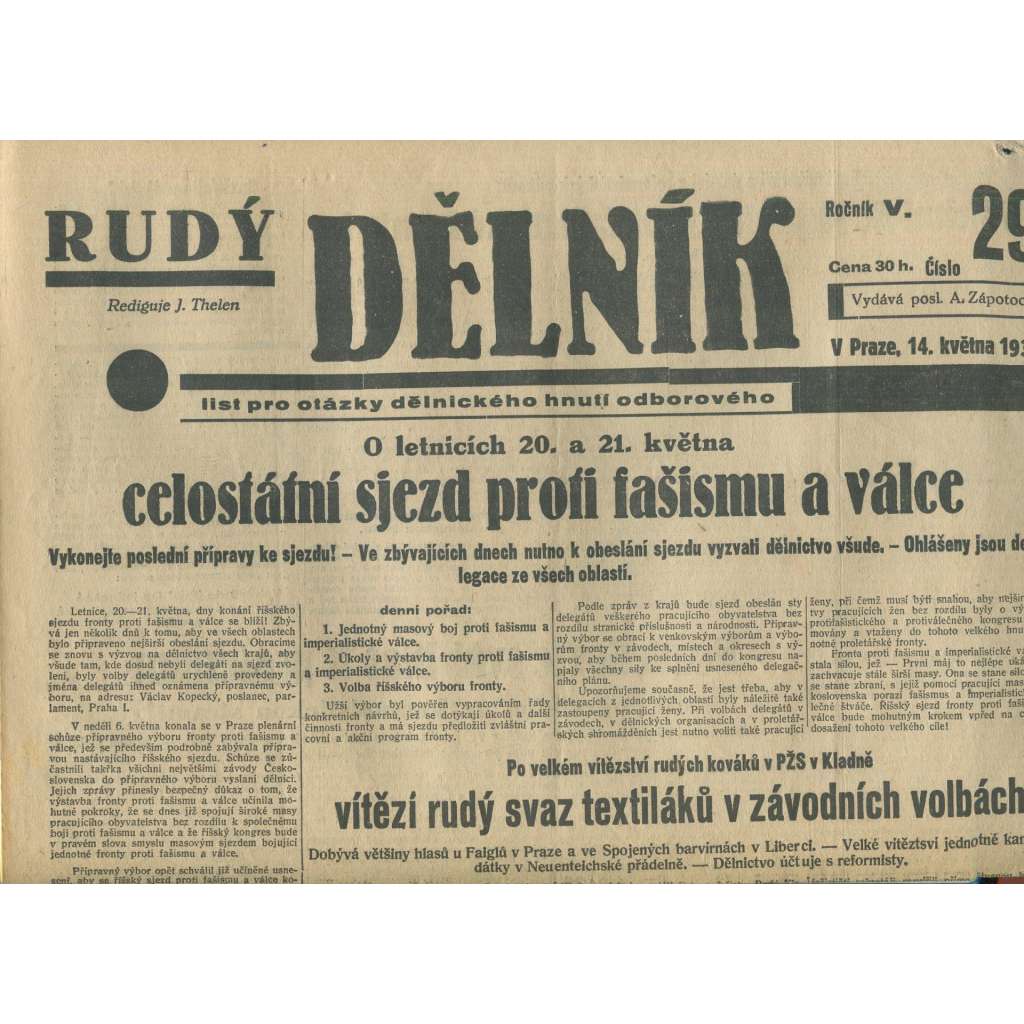 Rudý dělník, ročník V., číslo 29/1934. List pro otázky dělnického hnutí odborového (odbory, 1. republika, staré noviny)