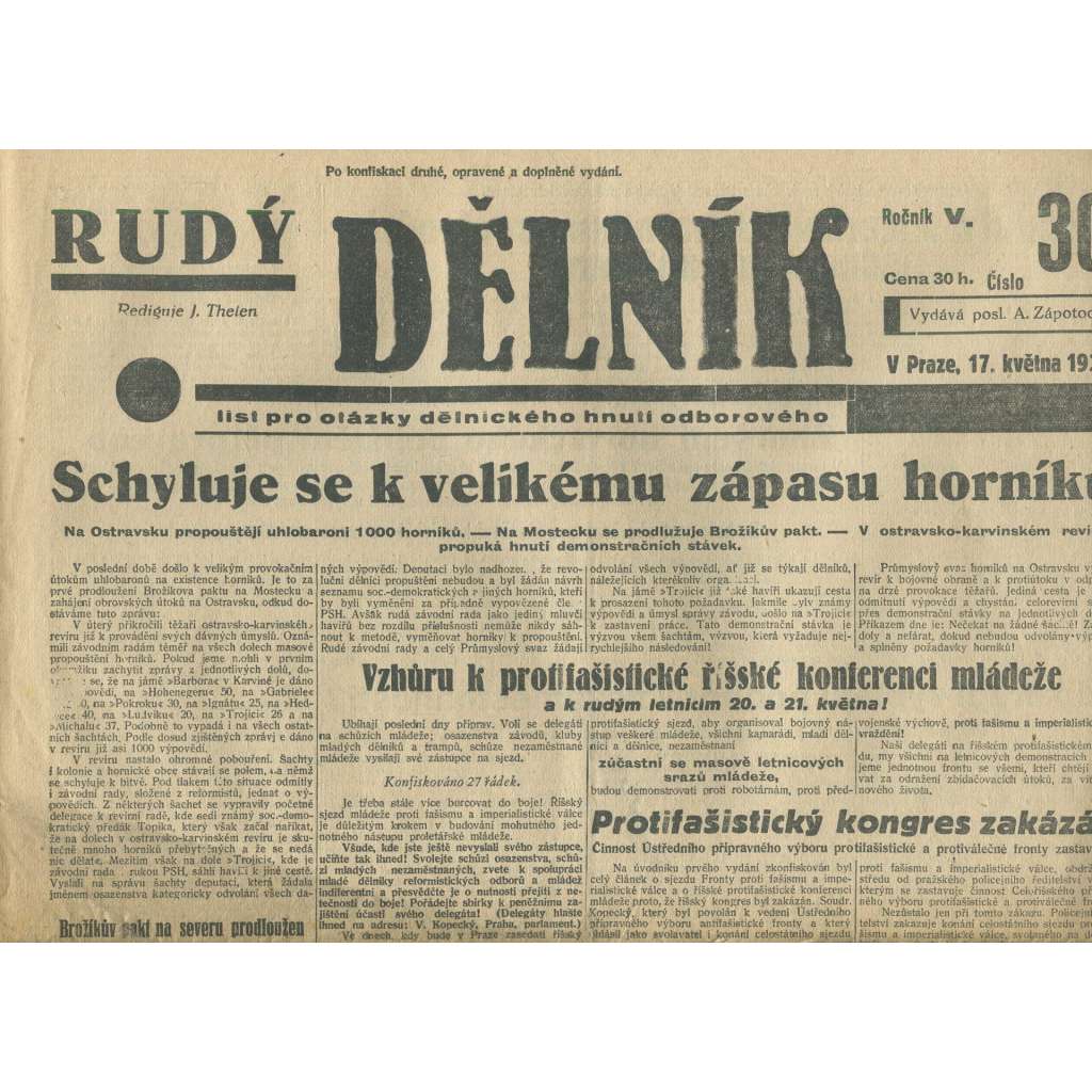Rudý dělník, ročník V., číslo 30/1934. List pro otázky dělnického hnutí odborového (odbory, 1. republika, staré noviny)