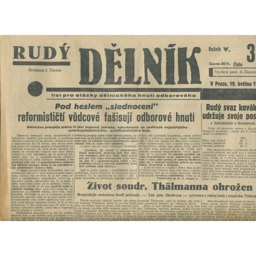 Rudý dělník, ročník V., číslo 31/1934. List pro otázky dělnického hnutí odborového (odbory, 1. republika, staré noviny)