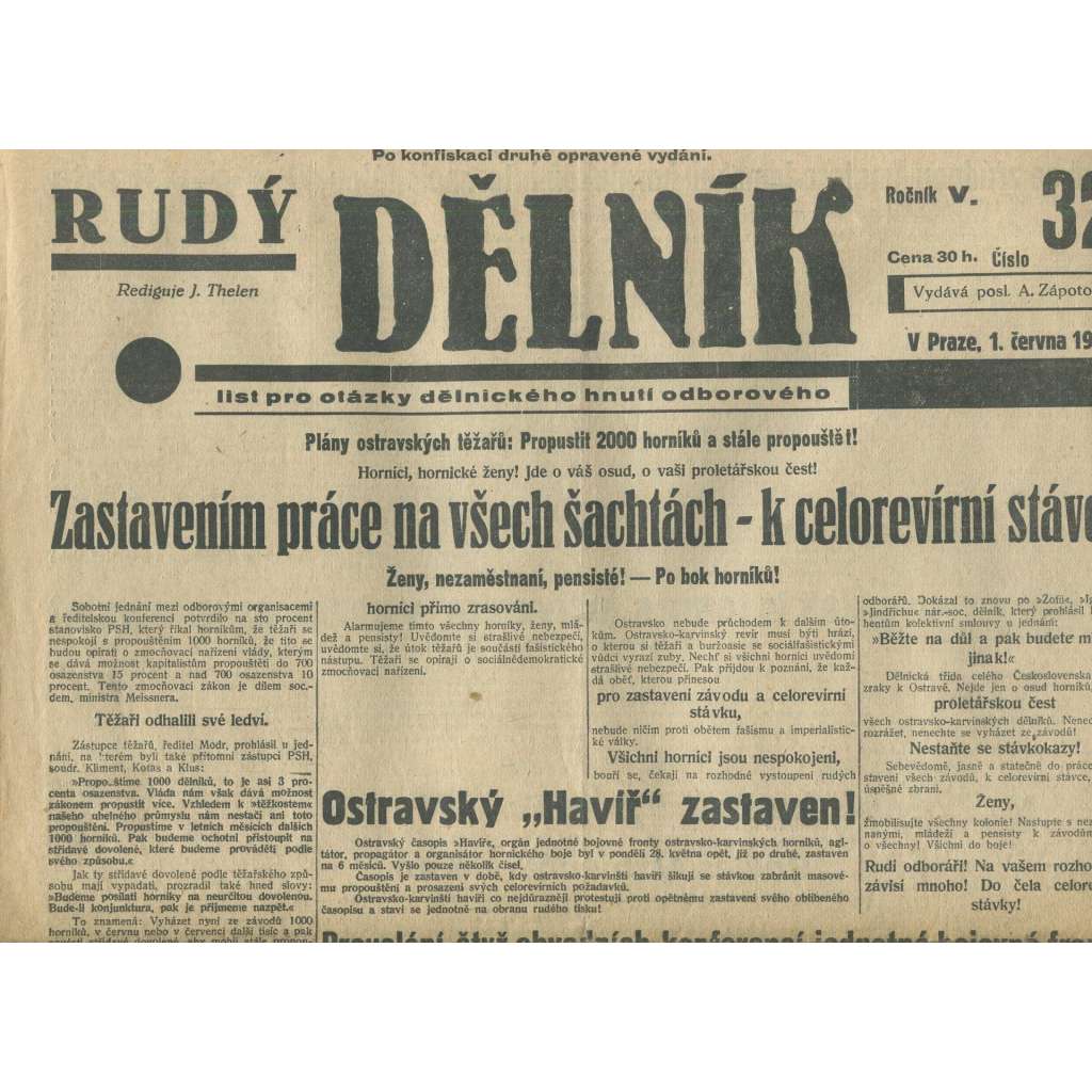 Rudý dělník, ročník V., číslo 32/1934. List pro otázky dělnického hnutí odborového (odbory, 1. republika, staré noviny)