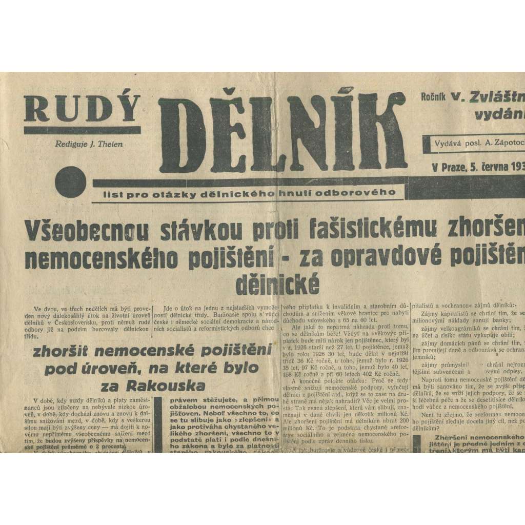 Rudý dělník, ročník V., zvláštní vydání (5.6.1934). List pro otázky dělnického hnutí odborového (odbory, 1. republika, staré noviny)