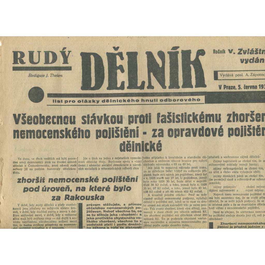 Rudý dělník, ročník V., zvláštní vydání (5.6.1934). List pro otázky dělnického hnutí odborového (odbory, 1. republika, staré noviny)