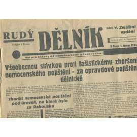 Rudý dělník, ročník V., zvláštní vydání (5.6.1934). List pro otázky dělnického hnutí odborového (odbory, 1. republika, staré noviny)