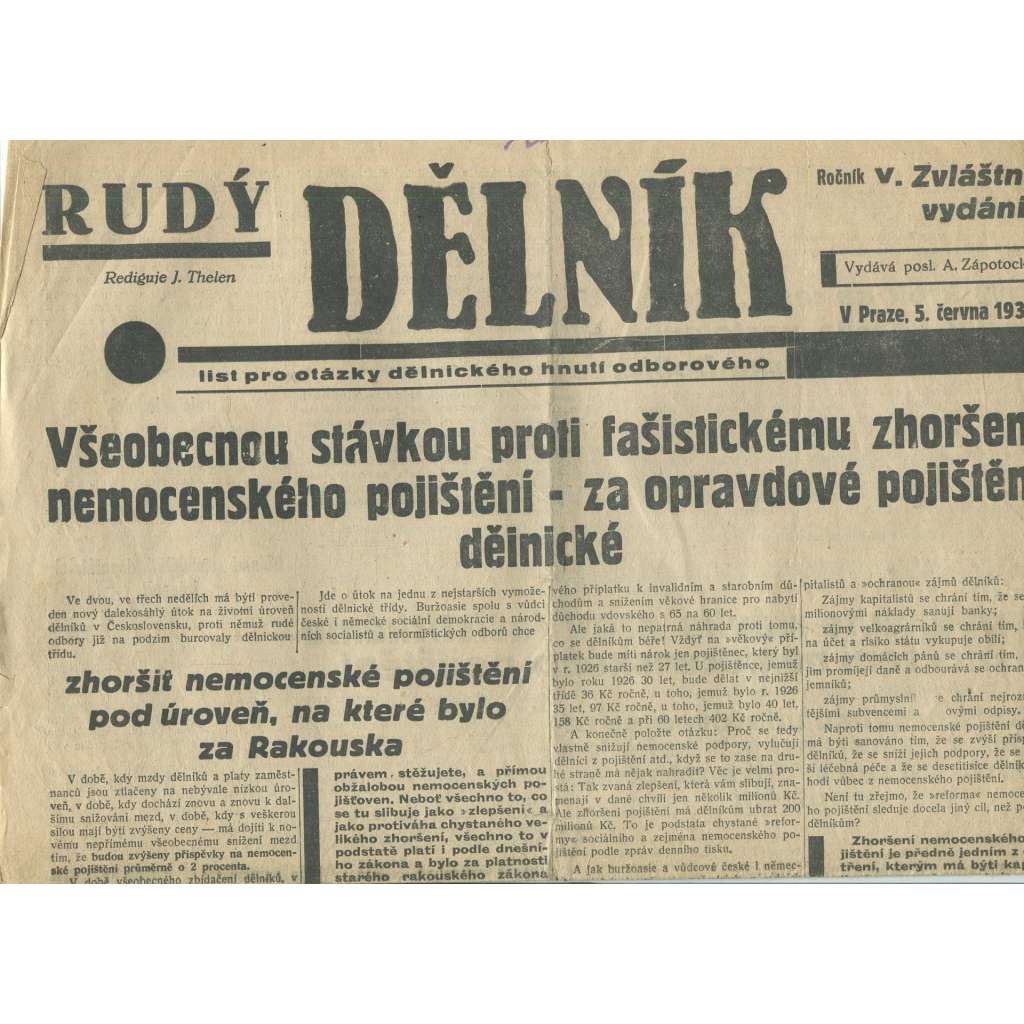 Rudý dělník, ročník V., zvláštní vydání (5.6.1934). List pro otázky dělnického hnutí odborového (odbory, 1. republika, staré noviny)