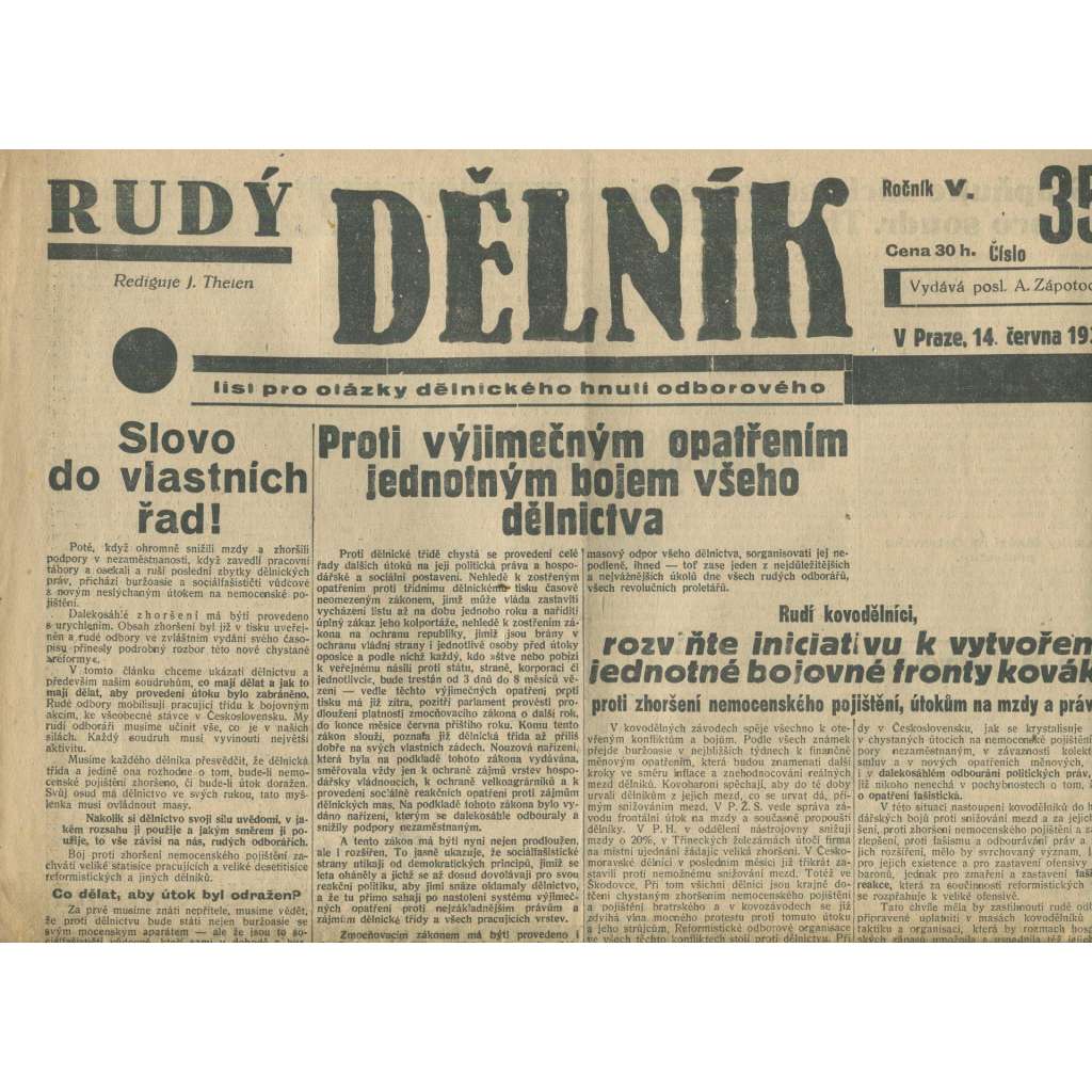 Rudý dělník, ročník V., číslo 35/1934. List pro otázky dělnického hnutí odborového (odbory, 1. republika, staré noviny)