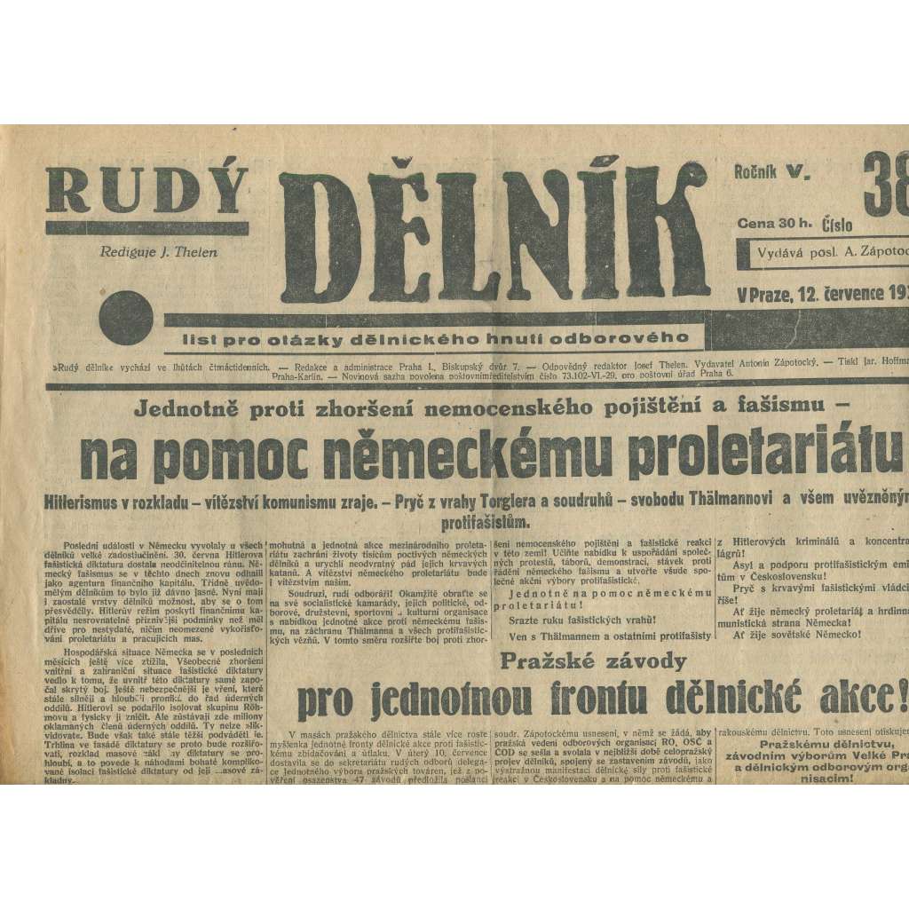 Rudý dělník, ročník V., číslo 38/1934. List pro otázky dělnického hnutí odborového (odbory, 1. republika, staré noviny)