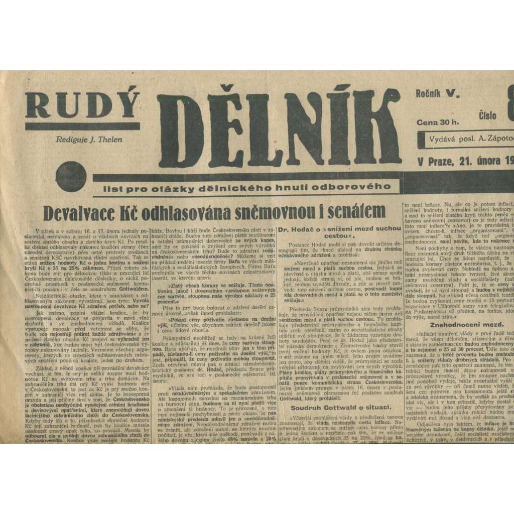 Rudý dělník, ročník V., číslo 8/1934. List pro otázky dělnického hnutí odborového (odbory, 1. republika, staré noviny)