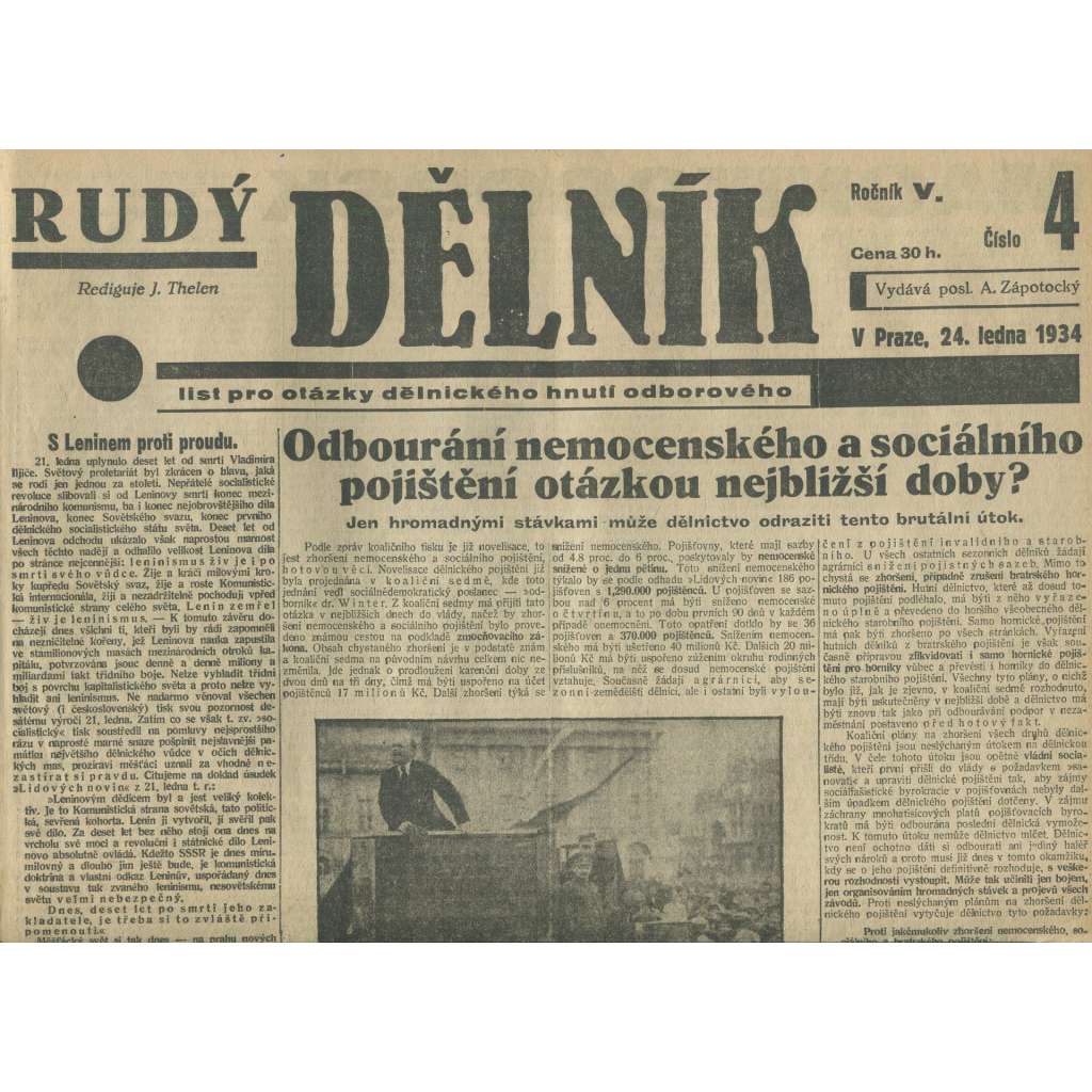 Rudý dělník, ročník V., číslo 4/1934. List pro otázky dělnického hnutí odborového (odbory, 1. republika, staré noviny)