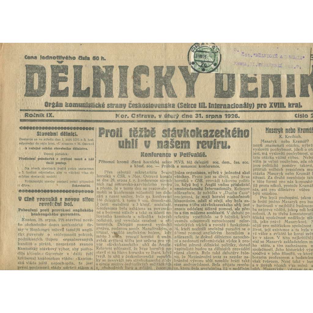 Dělnický deník, ročník IX., číslo 201/1926 (1. republika, staré noviny, komunistická literatura) - Ostrava