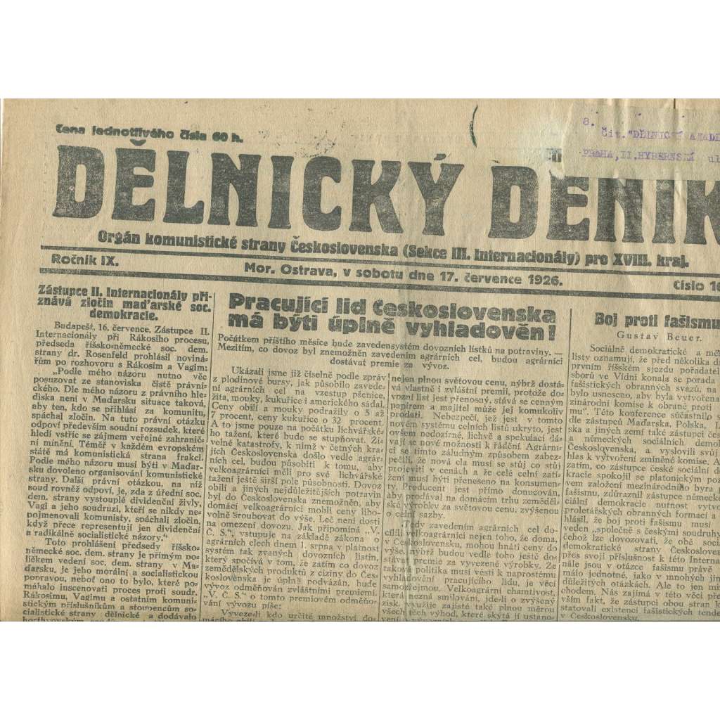 Dělnický deník, ročník IX., číslo 163/1926 (1. republika, staré noviny, komunistická literatura) - Ostrava