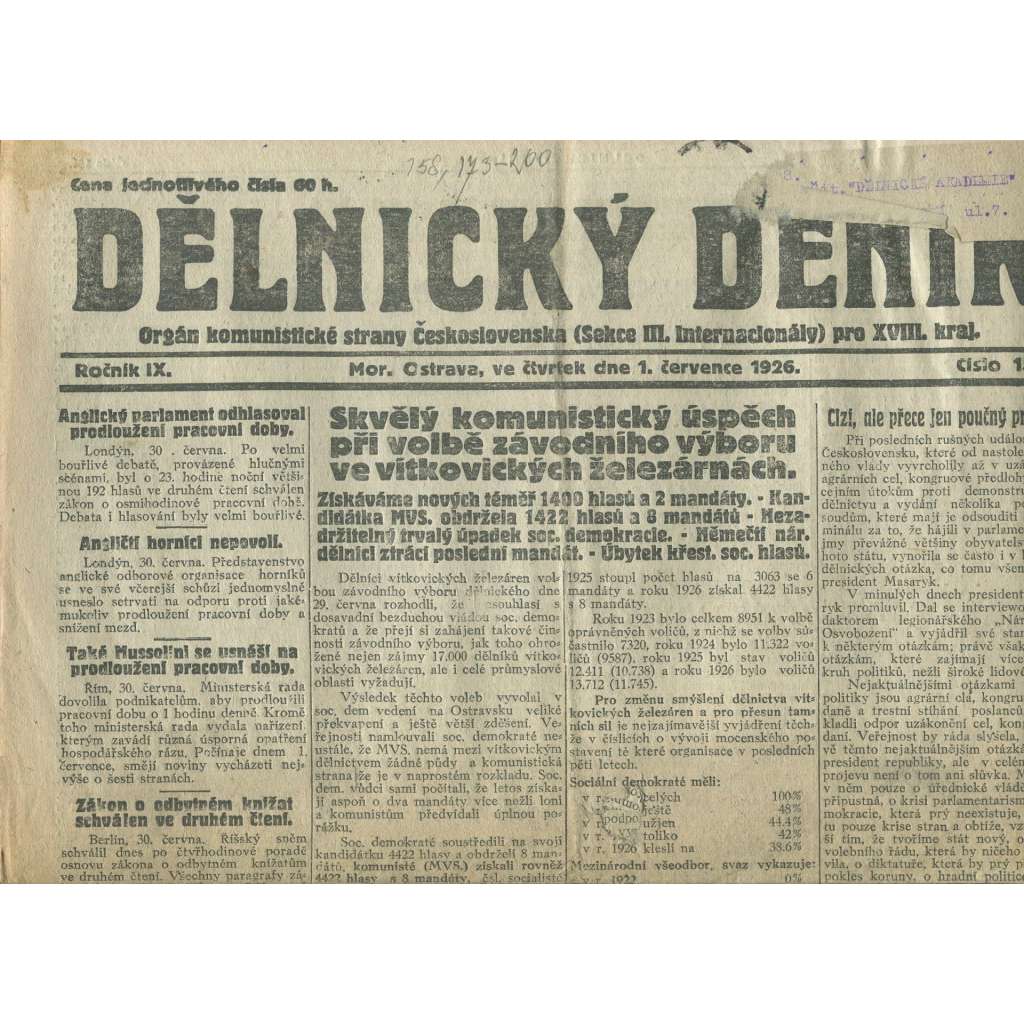 Dělnický deník, ročník IX., číslo 151/1926 (1. republika, staré noviny, komunistická literatura) - Ostrava