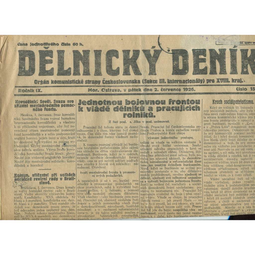 Dělnický deník, ročník IX., číslo 152/1926 (1. republika, staré noviny, komunistická literatura) - Ostrava