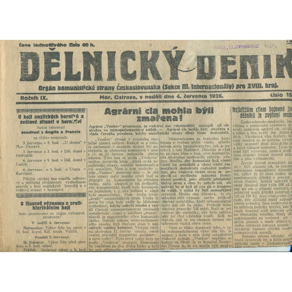 Dělnický deník, ročník IX., číslo 154/1926 (1. republika, staré noviny, komunistická literatura) - Ostrava