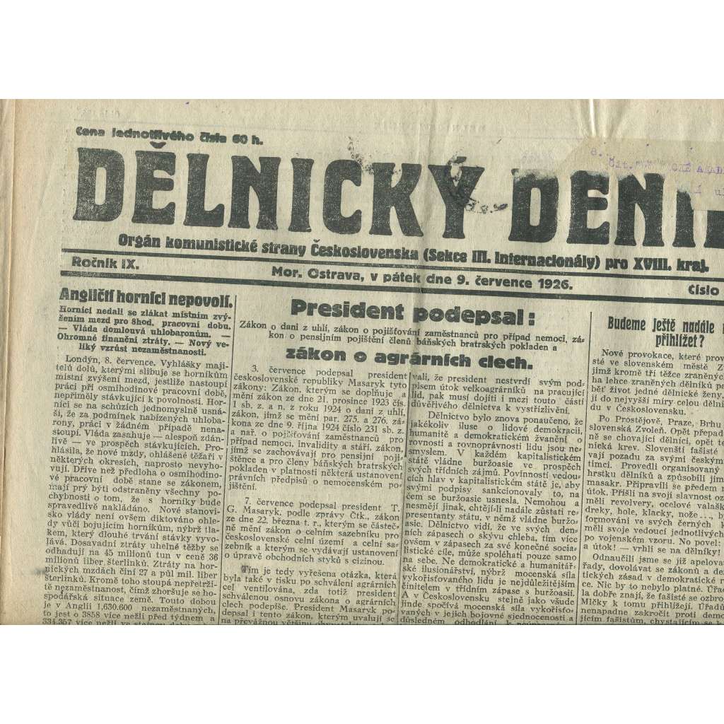 Dělnický deník, ročník IX., číslo 156/1926 (1. republika, staré noviny, komunistická literatura) - Ostrava