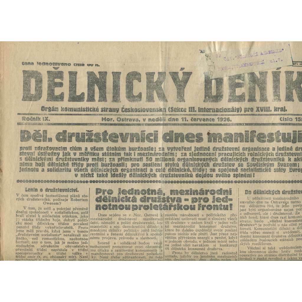 Dělnický deník, ročník IX., číslo 158/1926 (1. republika, staré noviny, komunistická literatura) - Ostrava