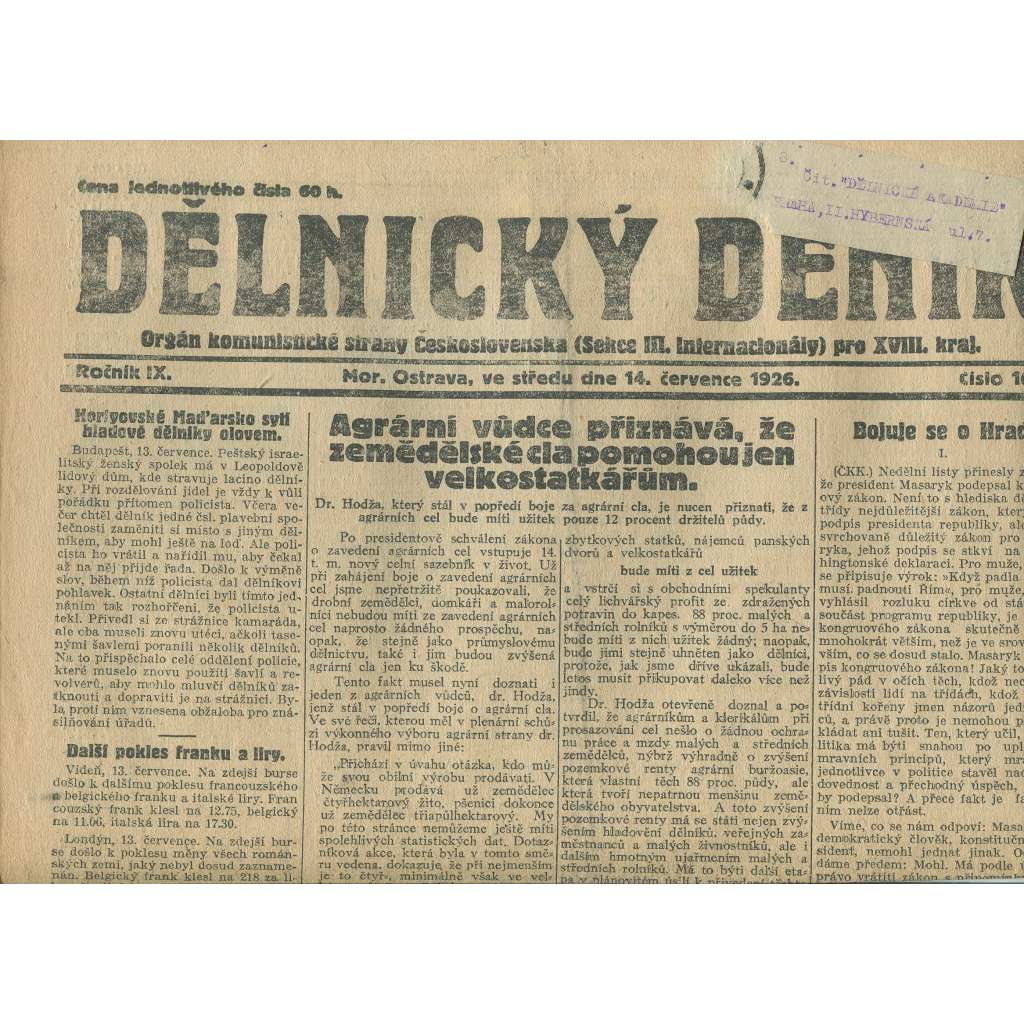 Dělnický deník, ročník IX., číslo 160/1926 (1. republika, staré noviny, komunistická literatura) - Ostrava