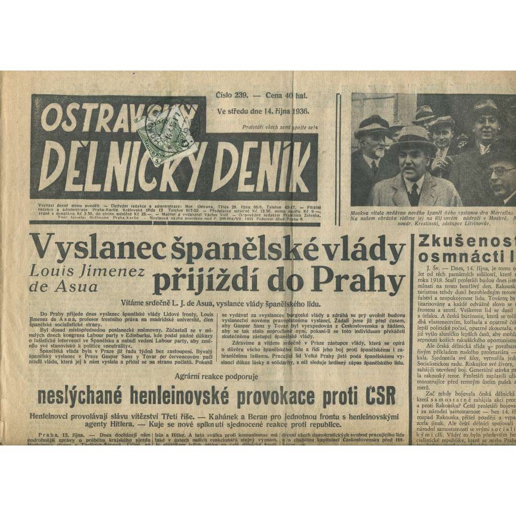 Ostravský dělnický deník, číslo 239 (14.10.1936) - 1. republika, staré noviny - Ostrava