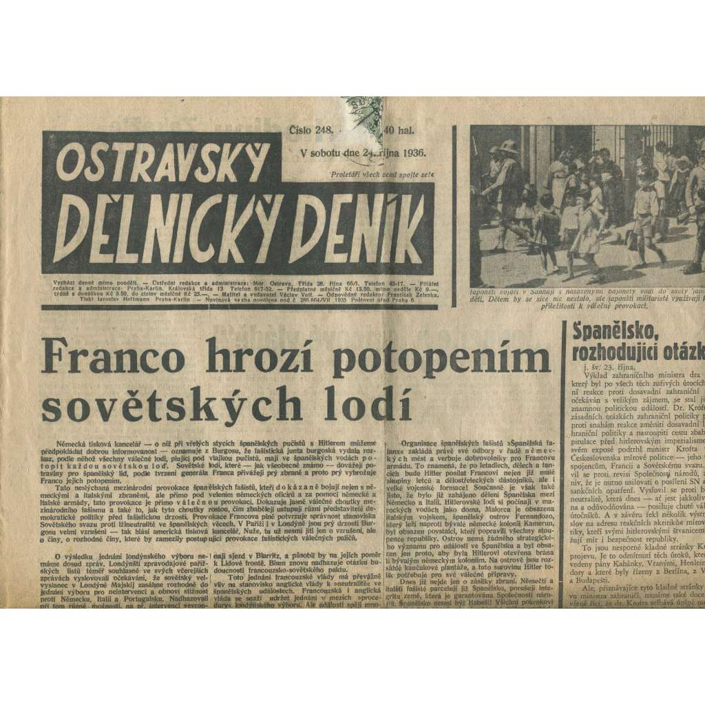 Ostravský dělnický deník, ročník 248 (24.10.1936) - 1. republika, staré noviny - Ostrava