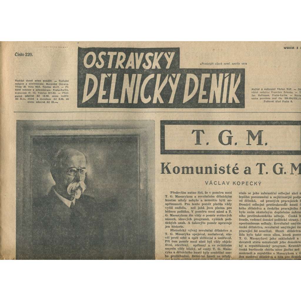Ostravský dělnický deník, ročník 220 (1. republika, staré noviny - Ostrava) - T. G. Masaryk