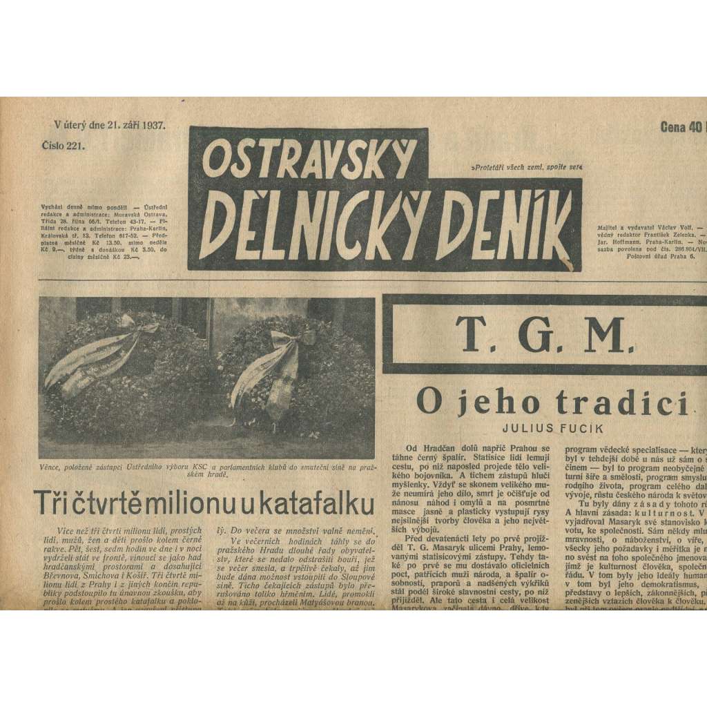 Ostravský dělnický deník, ročník 221 (21.9.1937) - 1. republika, staré noviny - Ostrava (T. G. Masaryk)