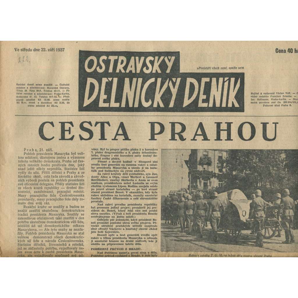 Ostravský dělnický deník, ročník 222 (22.9.1937) - 1. republika, staré noviny - Ostrava