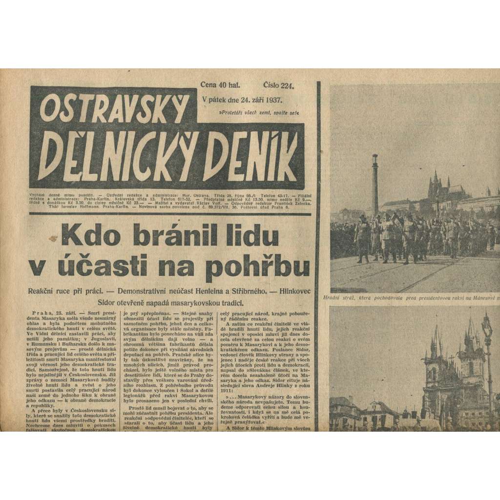 Ostravský dělnický deník, ročník 224 (24.9.1937) - 1. republika, staré noviny - Ostrava