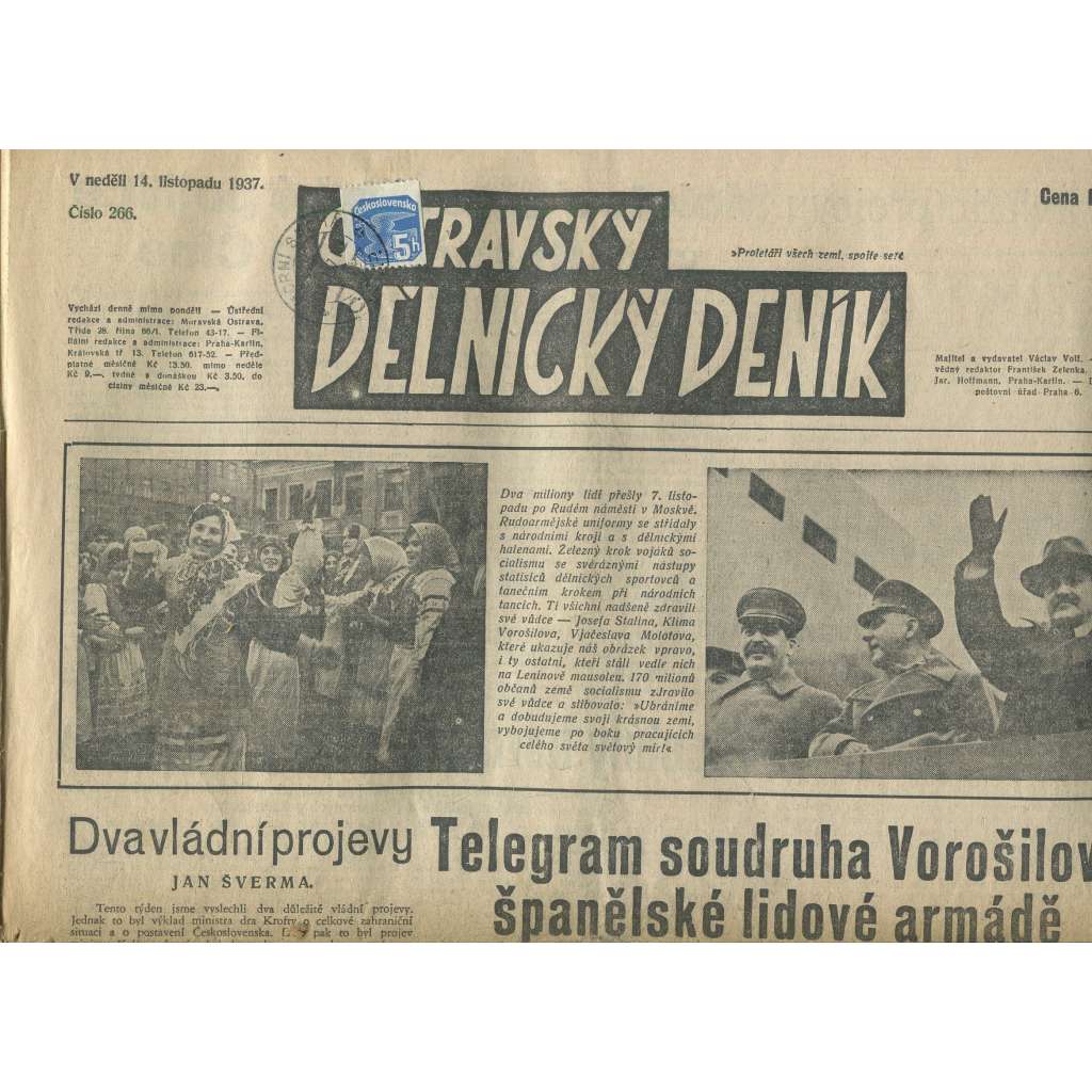 Ostravský dělnický deník, ročník 266 (14.11.1937) - 1. republika, staré noviny - Ostrava