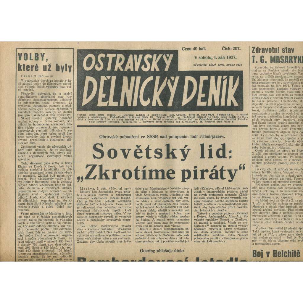 Ostravský dělnický deník, ročník 207 (4.9.1937) - 1. republika, staré noviny - Ostrava