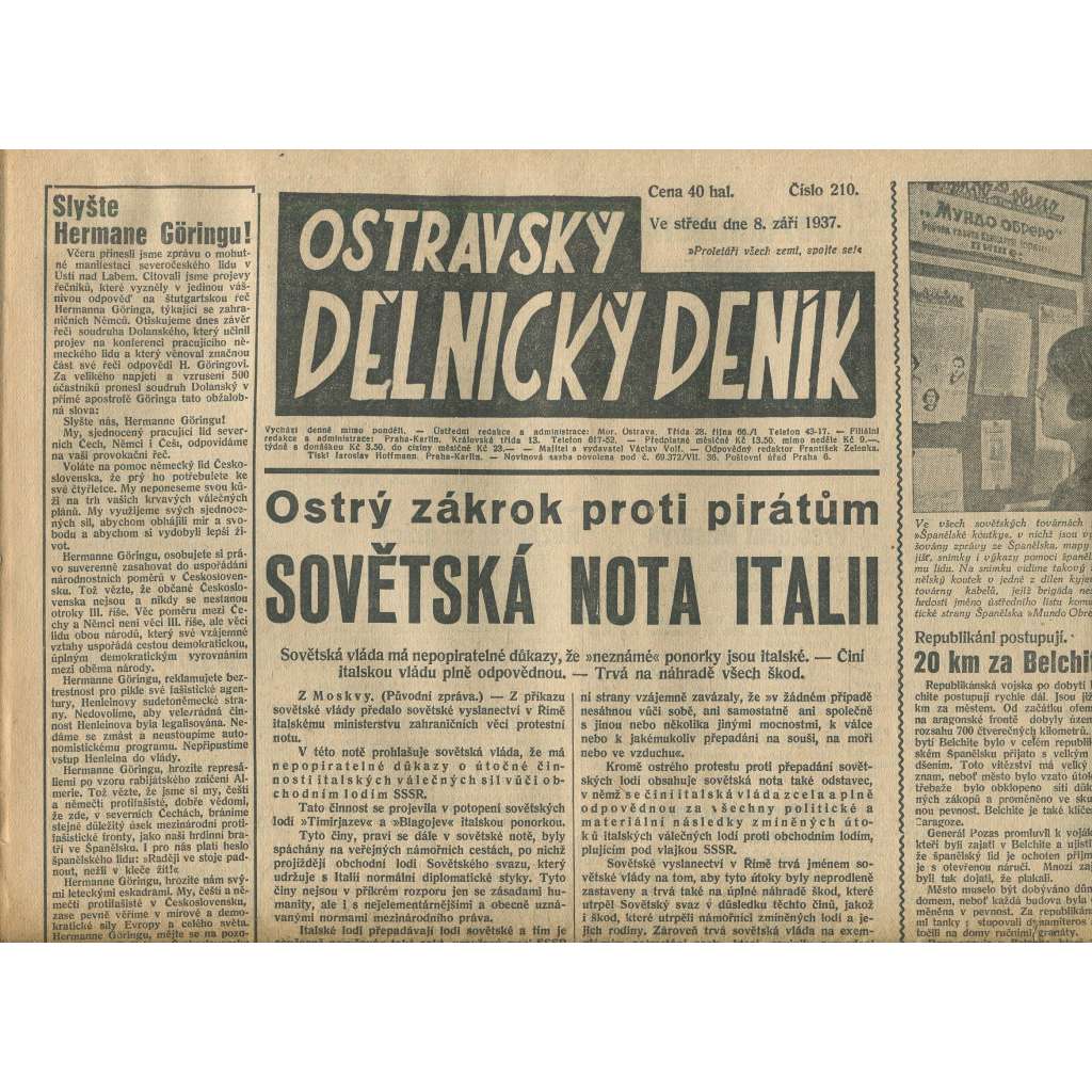 Ostravský dělnický deník, ročník 210 (8.9.1937) - 1. republika, staré noviny - Ostrava