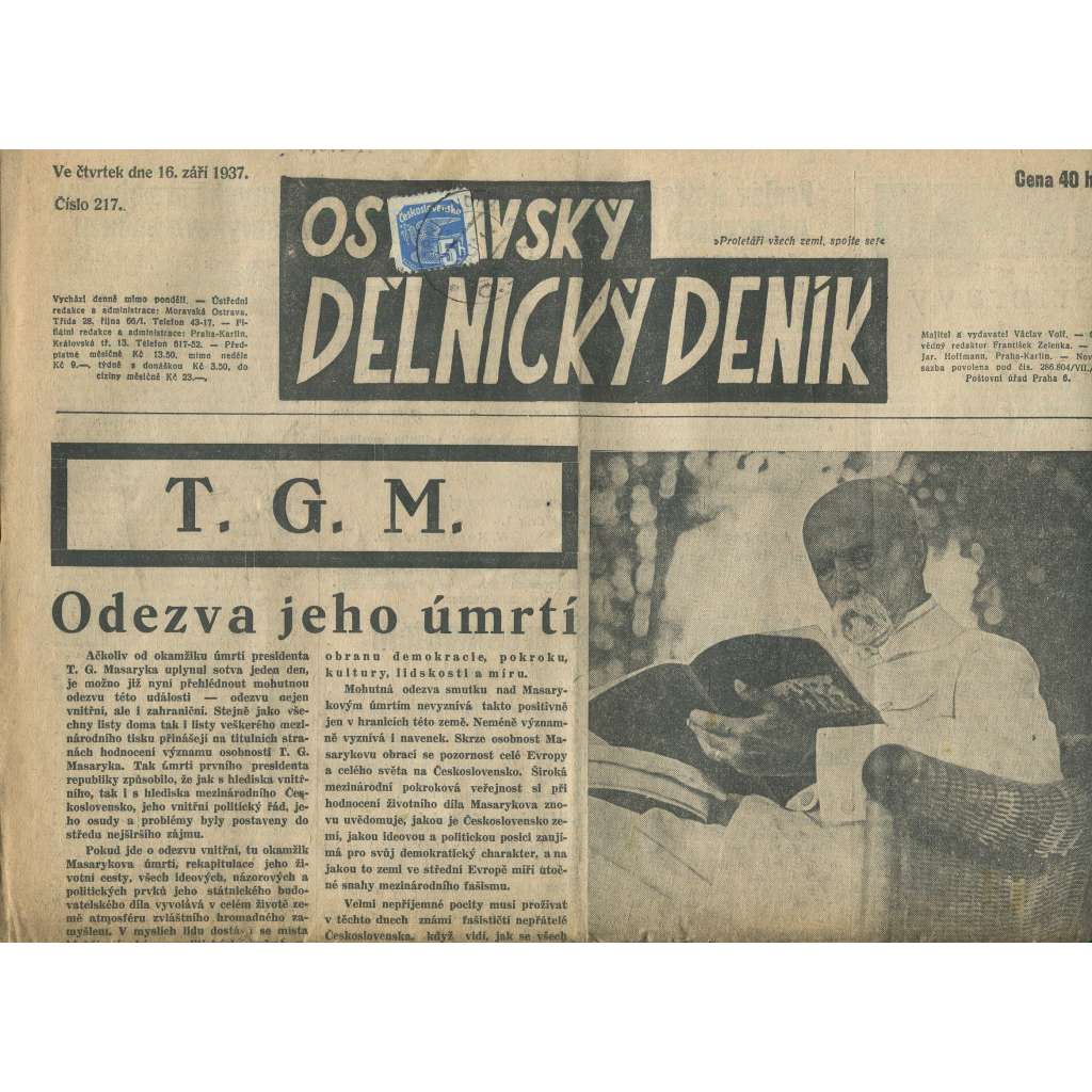 Ostravský dělnický deník, ročník 217 (16.9.1937) - 1. republika, staré noviny - Ostrava (T. G. Masaryk)