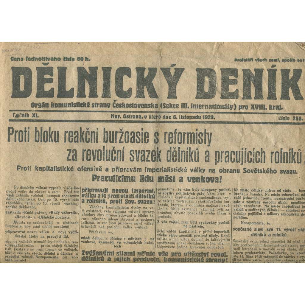 Dělnický deník, ročník XI., číslo 256/1928 (1. republika, staré noviny, komunistická literatura) - Ostrava