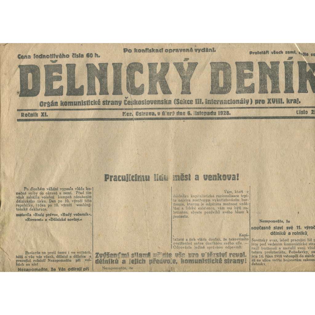 Dělnický deník, ročník XI., číslo 256/1928 (1. republika, staré noviny, komunistická literatura) - Ostrava