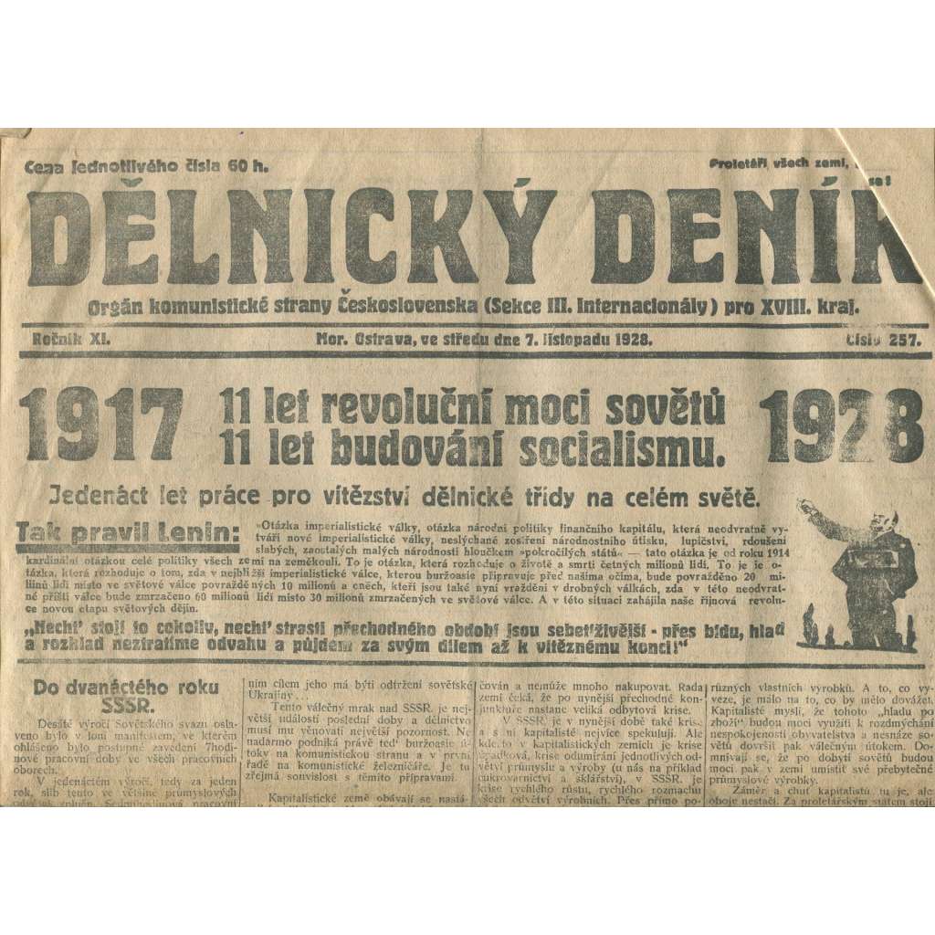 Dělnický deník, ročník XI., číslo 257/1928 (1. republika, staré noviny, komunistická literatura) - Ostrava
