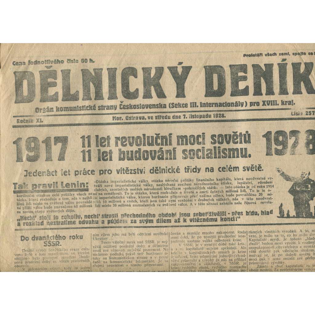 Dělnický deník, ročník XI., číslo 257/1928 (1. republika, staré noviny, komunistická literatura) - Ostrava