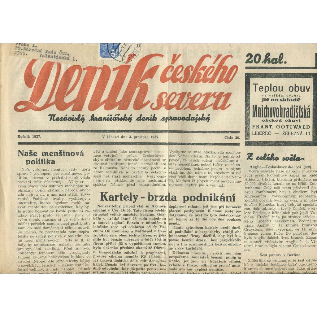 Deník českého severu, číslo 20/1937. Nezávislý hraničářský deník zpravodajský (1. republika, noviny)